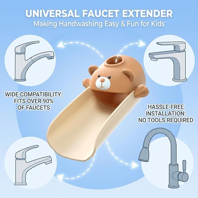 Skyroku Faucet Extender for Kids, Temperature-Sensitive Faucet Spout Extension for Independent Hand Washing - Cute Bear Design, Fits Most Bathroom & Kitchen Sinks (Brown&Green)