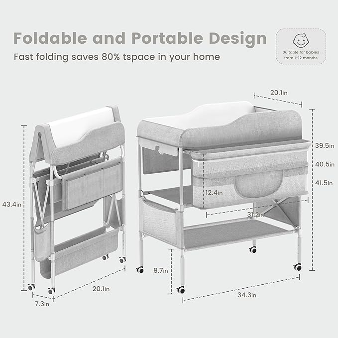 Portable Baby Diaper Changing Table, Foldable Diaper Changing Station, Waterproof Changing Table Height Adjustable Changing Station for Infant and Nursery, Mobile Changing Station