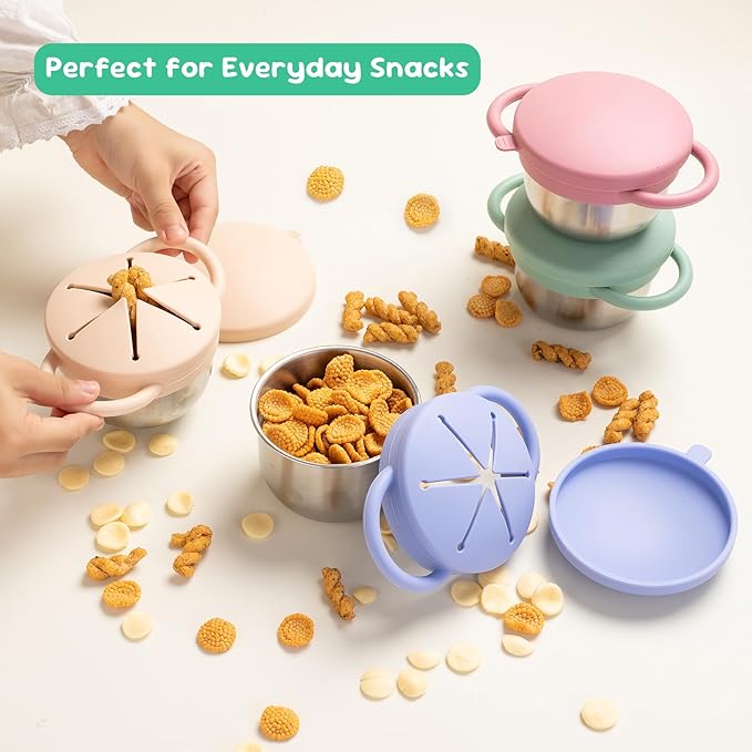 Bufilea 1 Pack Snack Containers for Toddlers, Stainless Steel Toddler Snack Cups with Silicone Food Catcher & Lids,Snack Cups for toddlers Spill Proof
