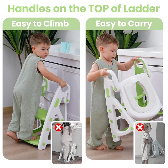 Potty Training Seat, Primlect Upgrade Ultra-Stable Toddler Toilet Seat for Kids Boys Girls, 2 in 1 Potty Training Toilet with Step Stool, Adjustable Seat and Ladder, Non-Slip Pad, Splash Guard (Green)