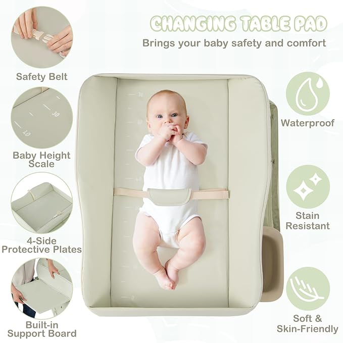 HONEY JOY Changing Table, Folding Mobile Diaper Nursery Organizer w/Wheel, 3 Adjustable Heights, Storage Bag & Open Shelf, Water Basin, Portable Baby Changing Station for Newborn Infant(Green)