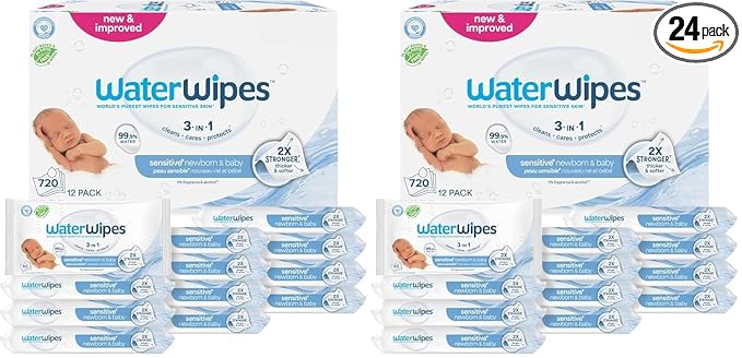 WaterWipes Sensitive+ Newborn & Baby Wipes, 3-In-1 Cleans, Cares, Protects, 99.9% Water, Unscented & Hypoallergenic, 60 Count (24 Packs)