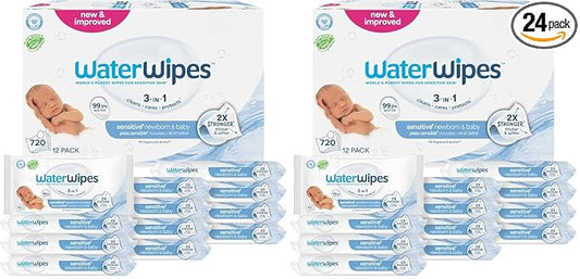 WaterWipes Sensitive+ Newborn & Baby Wipes, 3-In-1 Cleans, Cares, Protects, 99.9% Water, Unscented & Hypoallergenic, 60 Count (24 Packs)