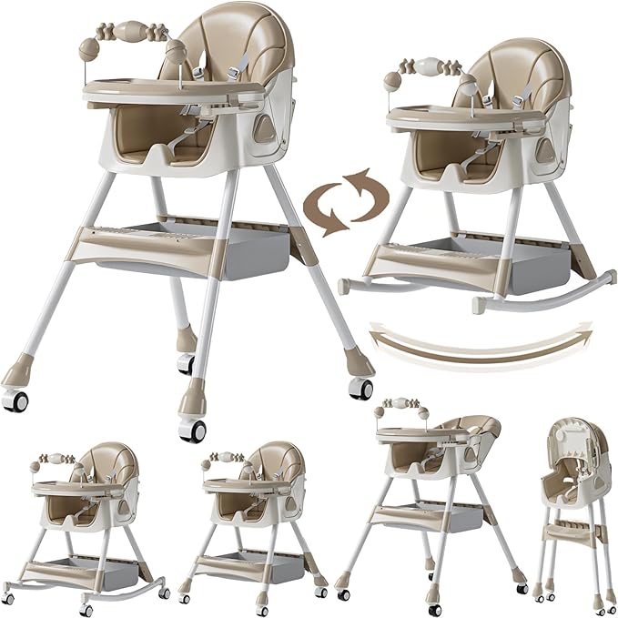 Nine point nine PU Leather High Chairs with Rocking Mode, Adjustable Highchairs with Double Tray, High Chair for Babies and Toddlers, Easy to Fold Highchair (560 Khaki)