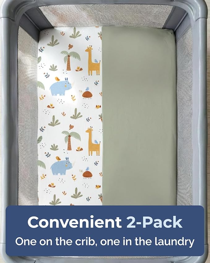 Pack and Play Sheets Fitted - 2 Pack Mini Crib Sheets for Pack N Play Mattress - Unisex Playard Microfiber Bedding for Boys & Girls - Soft, Breathable and Wrinkle Free - Oeko-Tex, 38 x 26in - Safari