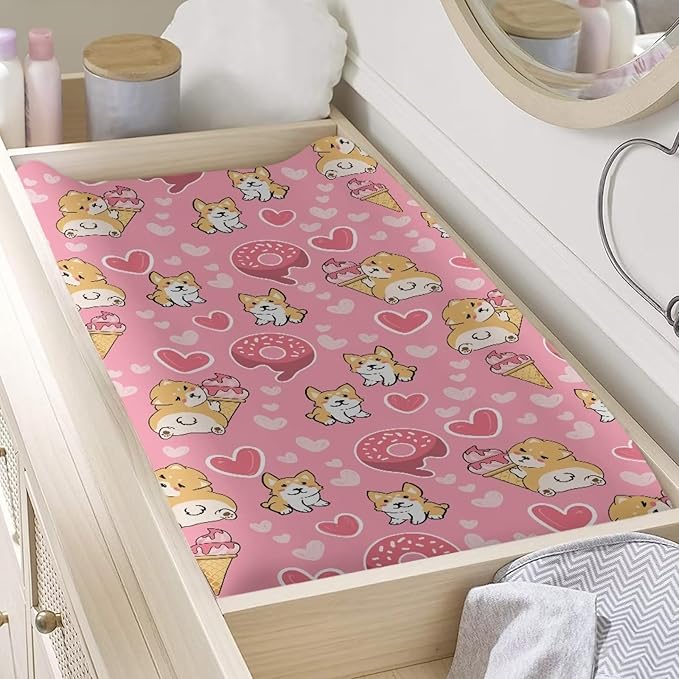 Valentine Gifts for Kids Changing Pad Cover for Baby Girls Dog Pink Diaper Table Change Mat Sheet Cover Infant Newborn Changing Table Covers