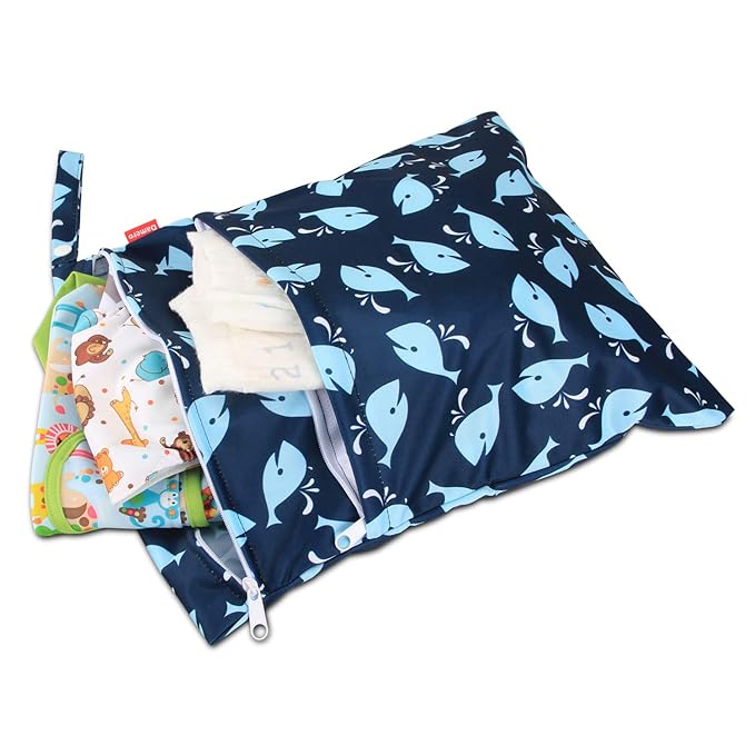 Damero Cloth Diaper Wet Dry Bag with Handle for Swimsuit, Pumping Parts, Wet Clothes and More, Ideal for Travel, Exercise, Daycare, Swimming, Reusable and Water-Resistant (Medium,Whale)