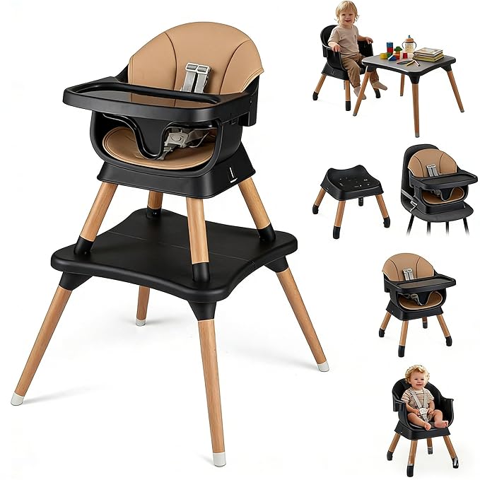 HONEY JOY 9-in-1 Baby High Chair, Convertible Wood Highchair for Babies and Toddlers/Dining Booster Seat/Table & Chair Set, Toddler Stool w/5-Point Safety Harness, Removable Cushion & Tray (Coffee)
