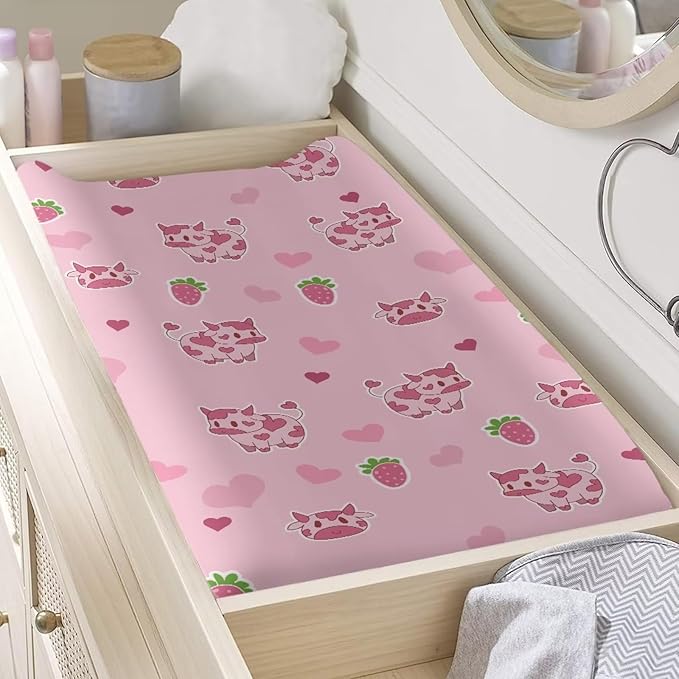 Cow Strawberry Baby Changing Pad Cover Infant Newborn Pink Changing Table Cover Diaper Table Change Mat Sheet Cover for Girls