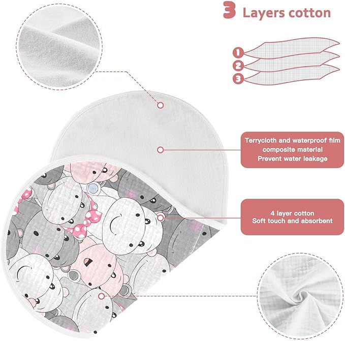 Muslin Burp Cloths for Baby Boys and Girls - 4-Pack Ultra Absorbent Cartoon Hippo Muslin Washcloths, Newborn Towel, Milk Spit Up Rags, Burp Cloth Bib for Unisex, 22 x 11 Inch