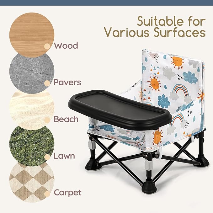 Toddler Booster Seat for Kitchen Chair & Travel - Portable Foldable with Removable Tray, Baby Camping Chair 6-36 Months Indoor Outdoor (White Cloud Design)