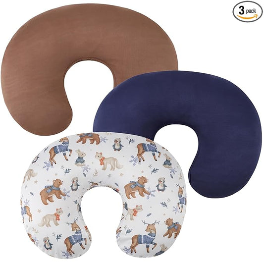 Nursing Pillow Cover Set 3 Pack Nursing Pillow Slipcovers for Moms Breastfeeding Moms, Ultra-Soft Stretchy Fit Standard Nursing Pillows Dark Blue/Brown/Bear Deer