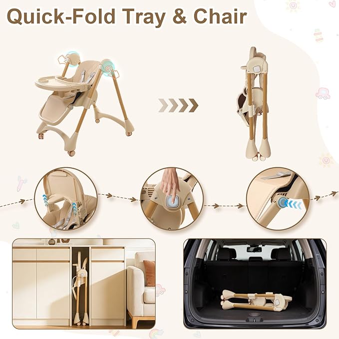 High Chairs for Babies and Toddlers, Foldable Baby High Chair with Wheels for Eating, 6 in 1 High Chair with Removable Tray, Adjustable Backrest and Height, Include 2 Bibs, Tool-Free Assembly