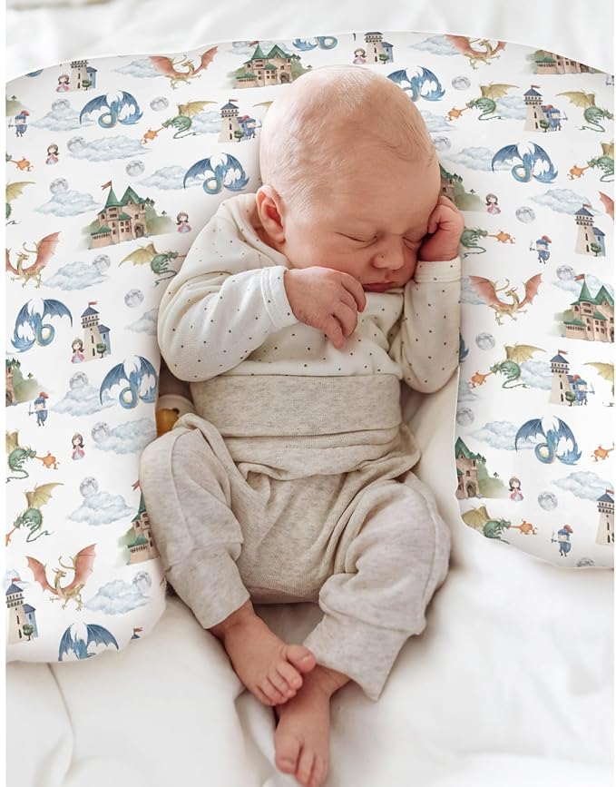 Fairytale Dragon and Knights Baby Nursing Pillow Covers for Boy Girl Fantasy Dragons Princess Castle Nursing Pillowcase for Breastfeeding Pillows Moon Clouds Soft Stretchy Slipcover for Newborn Infant