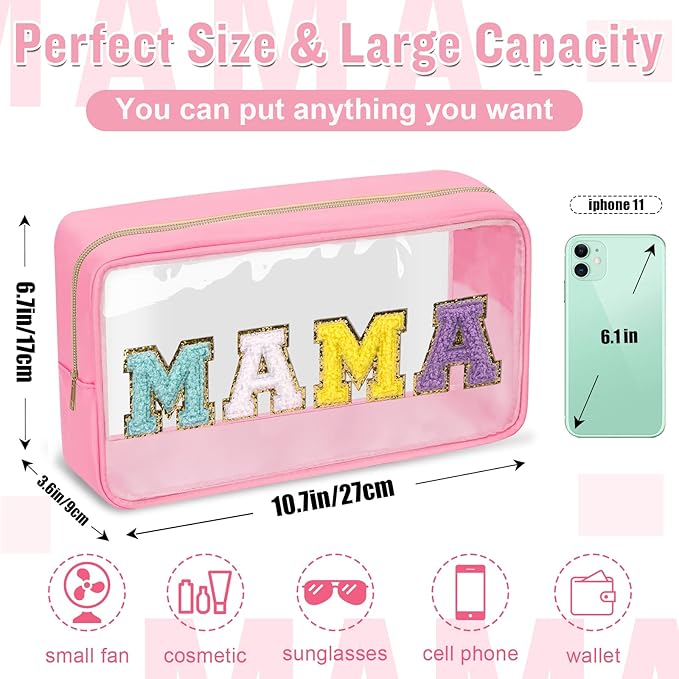 Chenille Letter Clear Makeup Bags Mama Pouch, Preppy Patch Makeup Bag with Zipper, Transparent PVC & Nylon Waterproof Portable Glitter Cosmetic Bag Travel Toiletry Storage for Women Girl(MAMA-Pink)