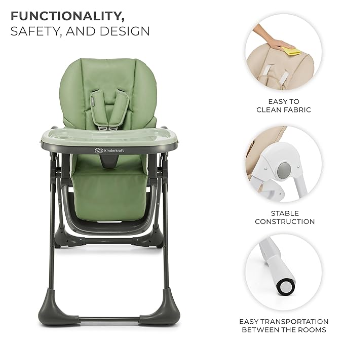 Kinderkraft Tummie, 2-in-1 high Chair, Baby Chair, Ergonomic, Comfortable, Reclining, Foldable, with Ajustable Height, Footrest, Detachable Tray, for Toddler, with Toys, Green
