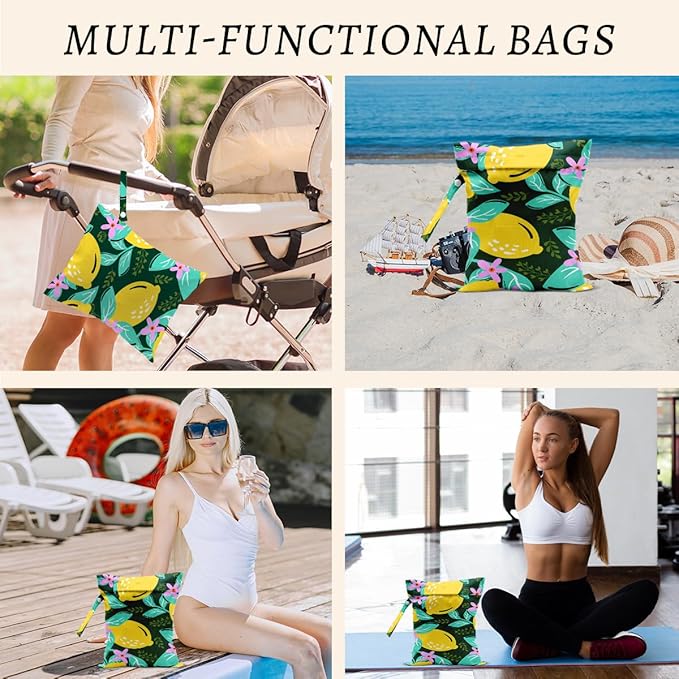 Lemon Wet Bags 12x10 Inch, Summer Flowers Waterproof Travel Laundry Bags, Washable Reusable Wet Dry Bag for Swimsuit Pool Beach Diapers Dirty Yoga Gym Clothes, Lemon Gifts for Women Friend Travelers