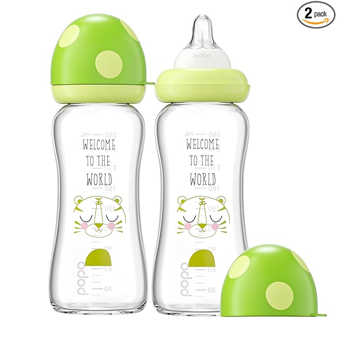 YOHKOH Natural Glass Baby Bottle with Level 2 Medium Flow Nipple, Newborn Anti-Colic Baby Bottles, Wide Neck Mushroom Baby Glass Bottle (8.8ounce (Pack of 2), Green1)