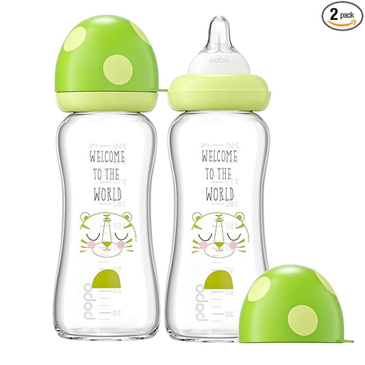 YOHKOH Natural Glass Baby Bottle with Level 2 Medium Flow Nipple, Newborn Anti-Colic Baby Bottles, Wide Neck Mushroom Baby Glass Bottle (8.8ounce (Pack of 2), Green1)