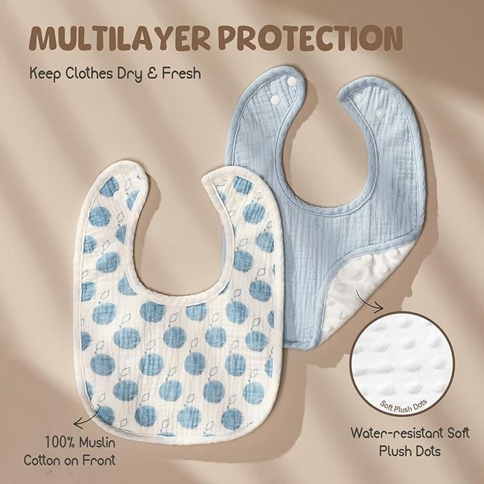 POIKSHARK 6-Pack Muslin Baby Bibs for Unisex Boys Girls, Cotton Baby Drool Bibs, Drooling and Teething Bibs for Infant