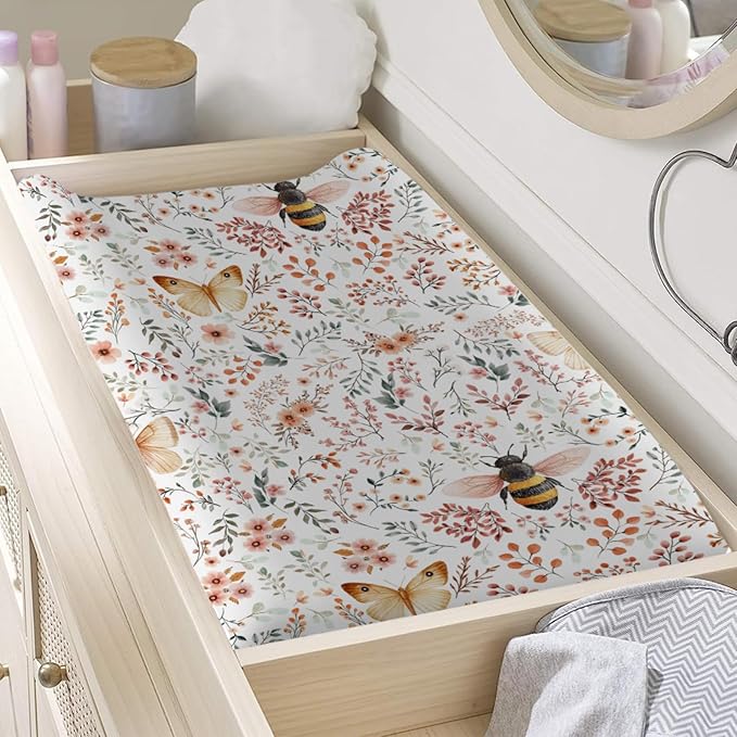 Honey Bloom Bees Butterflies Floral Baby Changing Pad Covers for Boy Girl 32''x16'' Sweet Bees Honey Flowers Fitted Diaper Changing Table Sheets Spring Soft Breathable Nursery Changing Table Mats