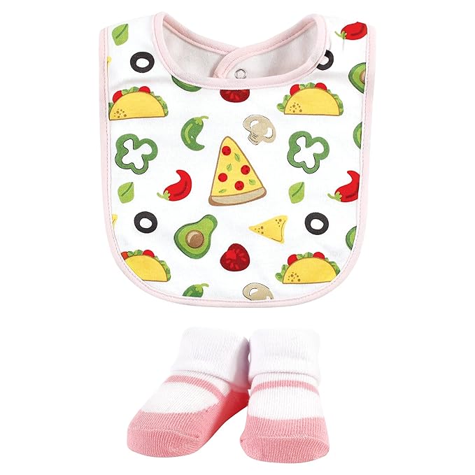 Hudson Baby Unisex Baby Cotton Bib and Sock Set, Girl Pizza Taco, One Size