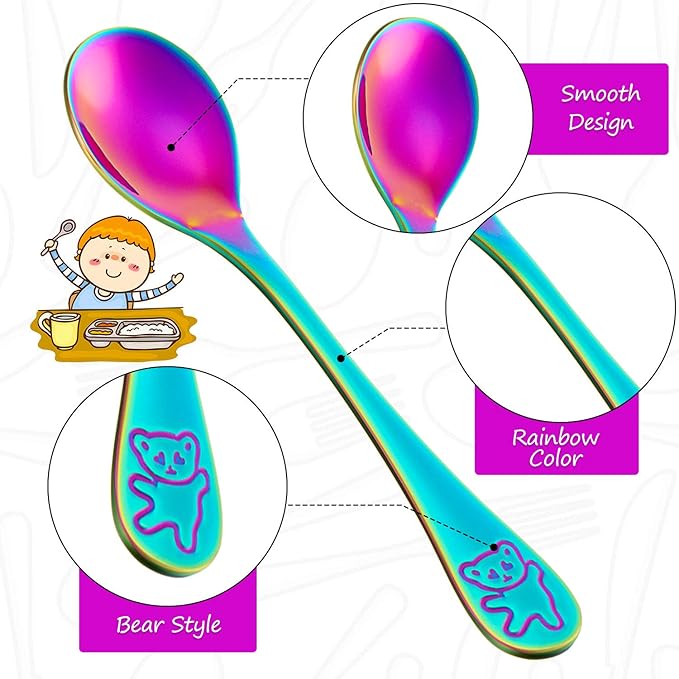 Boao 6 Pieces Kids Rainbow Spoons Stainless Steel Rainbow Toddler Cutlery Silverware Utensil Kids Child Safe Flatware for Home and Preschools