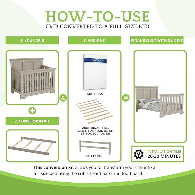 Full-Size Conversion Kit Bed Rails for Oxford, Soho, Ozlo & Avalon Baby Convertible Cribs - Solid Wood - Toddler and Adult Rail for Full-Size Bed - Nursery and Baby Furniture (Stone Wash, Hook-On Kit)