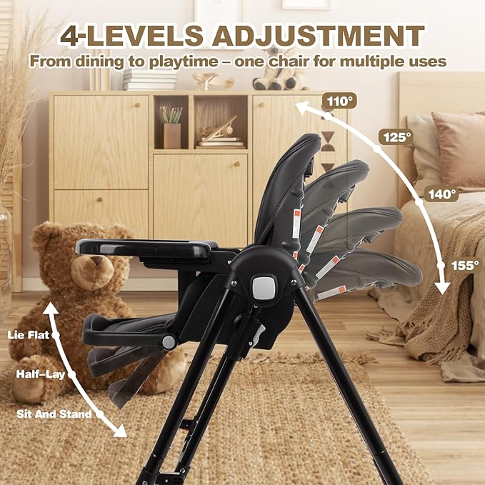 High Chairs for Babies and Toddlers Foldable High Chair Adjustable with Reclining Seat & Leg Rest, 3-in-1 Convertible Baby Rocker with Tool-Free Assembly (Black)