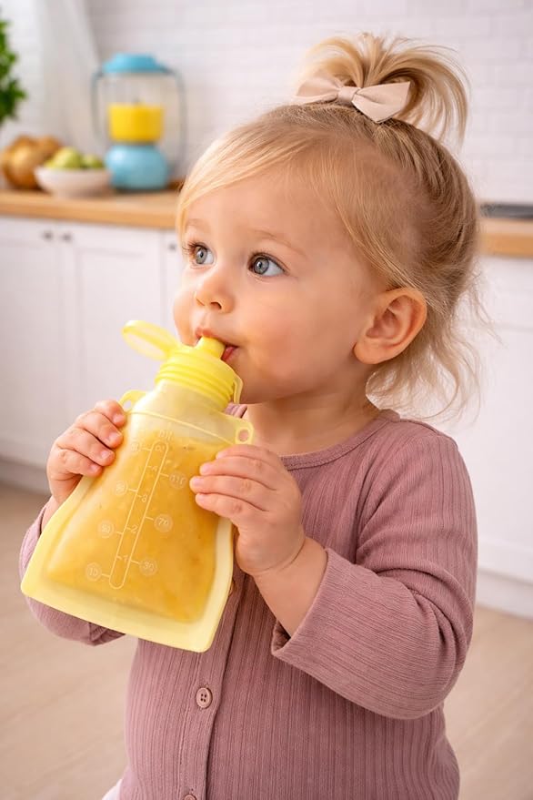 haakaa Silicone Yummy Pouch 4.5 oz – Reusable Silicone Snack & Smoothie Pouch, Refillable, Leak-Resistant, Dishwasher Safe, Eco-Friendly Food Storage for Babies Kids & Toddlers (4-PK, Lemon)