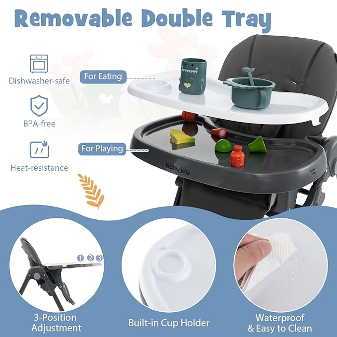 BABY JOY Convertible High Chair for Babies & Toddlers, Height Adjustable, Grow & Go High Chair w/Recline & Footrest, Removable Double Tray, Portable Baby Dinning Chair with Wheels (Dark Gray)