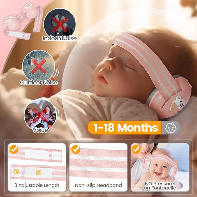 2-in-1 Baby Ear Protection for Babies Infant up to 48 Months, Baby Noise Cancelling Headphones with Cute Bear Design, Ear Muffs Noise Protection with Non-Slip Band for Airplane Travel Sleep, Pink