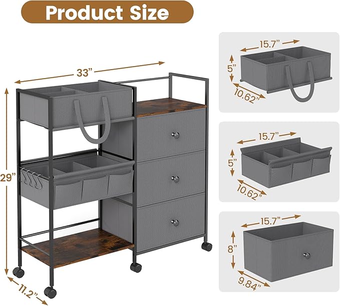 3-Tier Baby Diaper Caddy Organizer and Storage Cart, Baby Essentials with 2+2 Dividers and 3 Drawers, Large Capacity Rolling Cart for Nursery Storage, Diaper Caddy Cart for Crib, Bedroom, Bathroom
