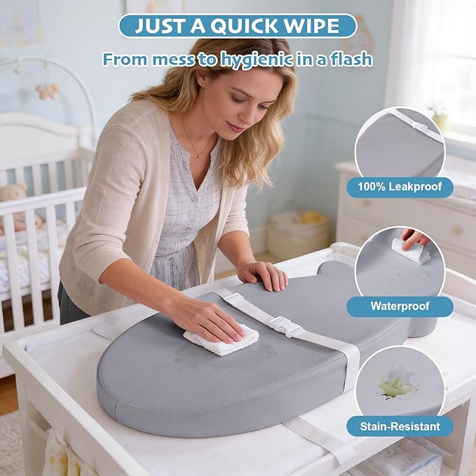 Baby Changing Pad, Waterproof & Wipeable Soft Diaper Changing Mat with PU Cover, Contoured Baby Changing Pad for Dresser & Table, with Non-Slip Safety Belt, Portable & Lightweight,Large Cushioned Foam