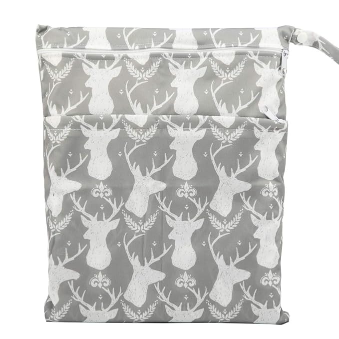2 Wet Bags With Two Zippered Pockets Reusable Diaper Nappy Waterproof (Deer Heads and Regal Deer)