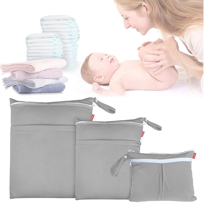 Damero 3pcs Pack Wet Dry Bag for Cloth Diapers Daycare Organizer Bag, Gray
