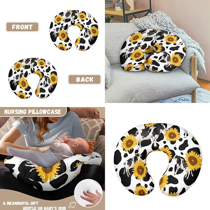 Sunflower Cow Baby Car Seat Cover with Nursing Pillow Case Set of 2, Stretchy Comfort Nursing Cover for Breastfeeding, Carseat Canopy, High Chair Protectors