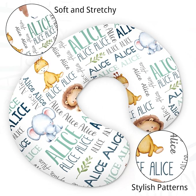 Baby Nursing Pillow Cover - Personalized Name Breastfeeding Pillow Cover with Lion Pattern, Stretchy Removable U-Shaped for New Moms, Soft Breathable Slipcover for Infant Boys Girls