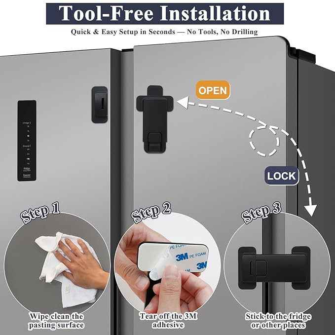 French Fridge Locks for Kids, 2 Pack Baby Safety Refrigerator Lock, Pet/Child Proof Freezer Latch, Cabinet Cupboard Lock with 3M Adhesive, Tool-Free, Drill-Free Install (Matte Black)