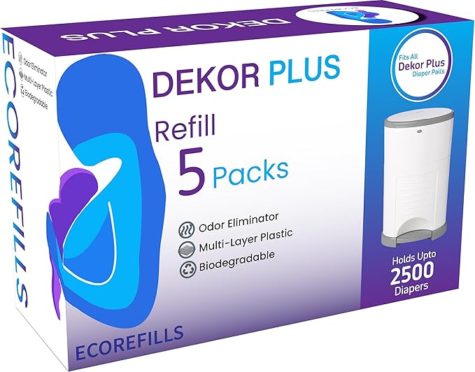 ECO-REFILLS Diaper Pail Refills - Fits Dekor PLUS Extra Thick, Powerful Odor Elimination & Fresh Powder Scent | Easy to Replace and Dispose of Diaper Bag 5 Count (Pack of 1)