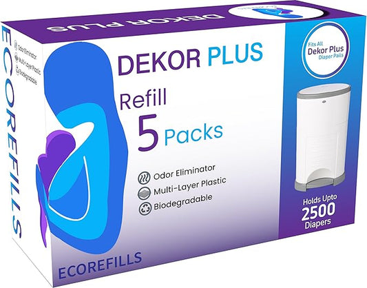 ECO-REFILLS Diaper Pail Refills - Fits Dekor PLUS Extra Thick, Powerful Odor Elimination & Fresh Powder Scent | Easy to Replace and Dispose of Diaper Bag 5 Count (Pack of 1)