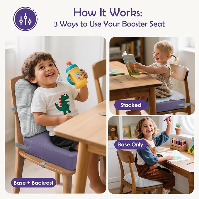 Booster Seat for Kitchen Chair Dining Table with Comfy Backrest Pillow and Adjustable Safety Buckles,Non-Slip Kid Toddler Booster Seat for Dining Table, PU Travel Baby Booster Cushion Chair