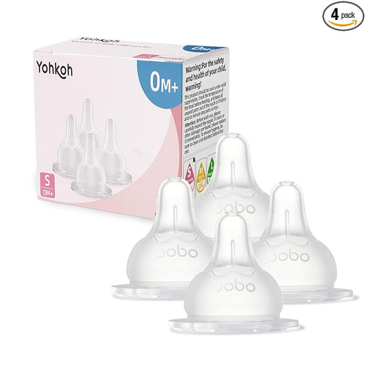 YOHKOH Baby Bottle Nipples for Wide Neck Bottles, 100% Natural Feel Silicone Nipples, BPA-Free (0m+, S, 4 Counts)