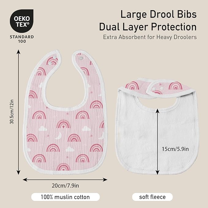 GLLQUEN BABY Muslin Drool Bibs for Boys Girls 6 Pack, Adjustable Baby Bibs for Drooling and Teething, Soft Cotton Baby Bandana Bib for Newborn Feeding Essentials (Rosie Rainbow)