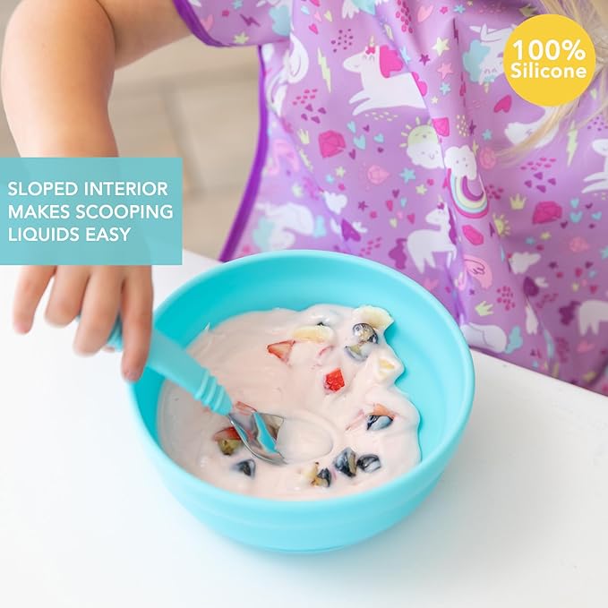 Bumkins Baby Bowl, Silicone Suction, for Babies, Toddlers and Kids, Baby Led Weaning, Feeding Essentials, Platinum Silicone, Non Skid Sticky Bottom, Supplies for Children Ages 6 Months Up, Blue