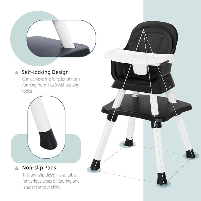 Baby High Chair, 8 in 1 Convertible Highchair, Booster Seat, Building Block/Activity Table, Stool, Feeding Chair with Dishwasher-Safe Tray, High Chairs for Babies and Toddlers (Black)