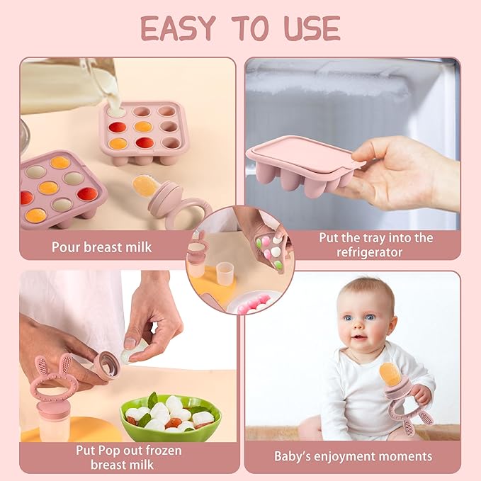 Baby Food Freezer Tray Silicone Nibble Freezer Tray,Baby Fruit Food Feeder Teether,Breastmilk Popsicle Mold,Babies Breast Milk Teether Pop Maker Maker for Homemade Infant Meals-Pink