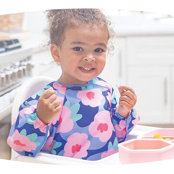 Tiny Twinkle Mess Proof Baby Bib, Cute Full Sleeve Bib Outfit, Waterproof Bibs for Toddlers, Machine Washable, Tug Proof Closure, Baby Smock for Eating, Long Sleeve (Floral Blue, Large 2-4 Years)
