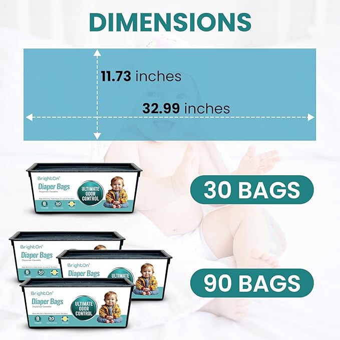 BrightOn® Diaper Pail Refill Bags, 30 Bags Per Refill, Compatible with Genie Easy Roll Signature Diaper Pails, Holds Up to 4230 Newborn Diapers, Real 7 Layer Odor Barrier, Lemon Scent, 3PACK (90 Bags)