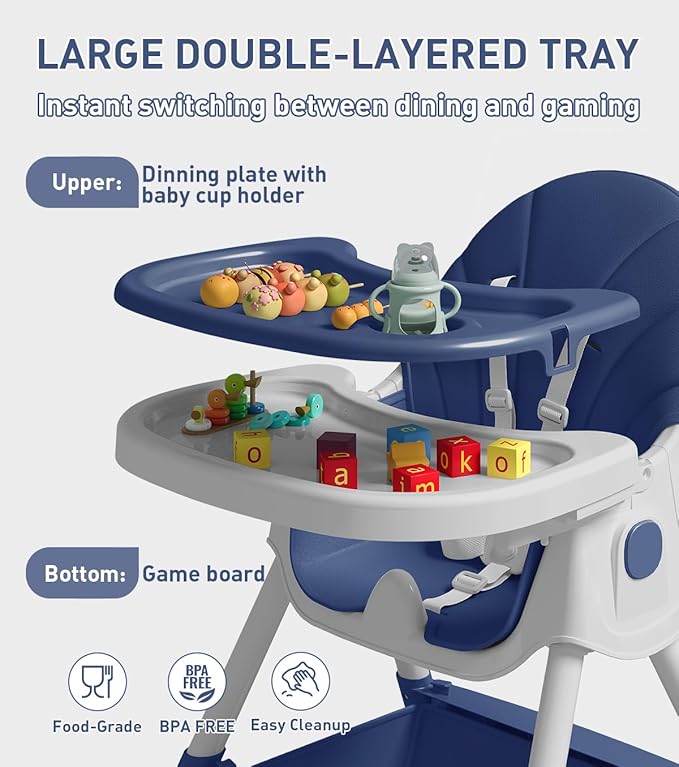 Baby High Chair, 5 in 1 High Chairs for Babies and Toddlers, Travel Foldable High Chair with Detachable PU Cushion, Double Removable Tray, Adjustable Height & Recline, Locking Wheels (Navy Blue)